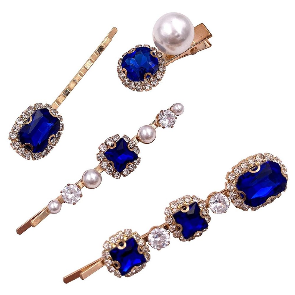 Hair Clip Vintage Crystal Gold New Pack of 4 Blue